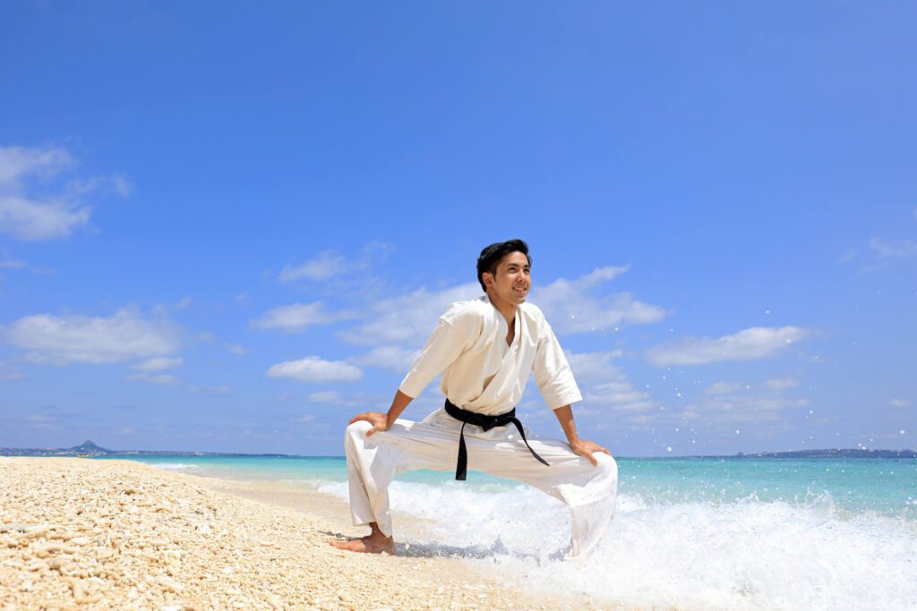 Karate stance by the ocean