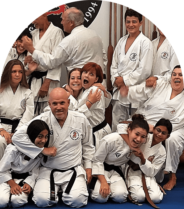 Karate class group posing playfully