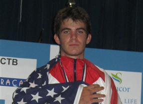 Medal-winning athlete with American flag