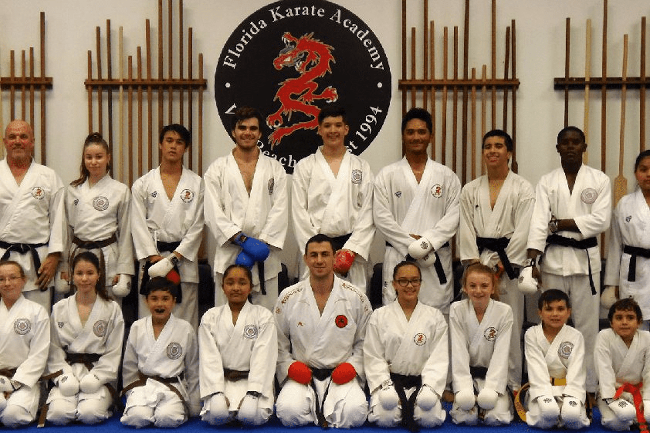 Karate students group photo in dojo