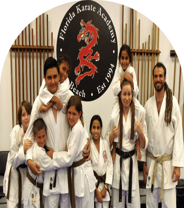 Karate class group photo in uniforms